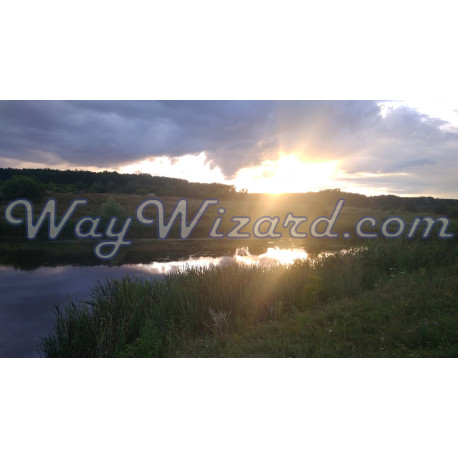 Painting "The Calm of the Sunset Shore" - a warm evening by a forest lake with the reflection of the sun